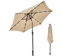 TANGZON 2.7M Garden Parasol Umbrella, Tilting Patio Umbrella with 18 Solar Powered LED Lights & Crank Handle, Outdoor 6-Rib Market Parasol Sunshade for Beach Poolside Balcony (Beige, 2.7M)