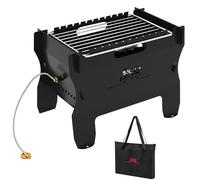 TANGZON 2-in-1 Camping BBQ Grill, Portable Barbecue Gas Fire Pit with Stainless Steel Grate & Carrying Bag, Outdoor Wood Burning Charcoal Grill Tabletop Smoker for Picnic Garden Terrace (Black)