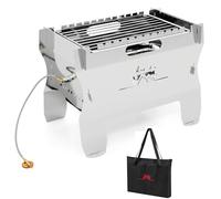 TANGZON 2-in-1 Camping BBQ Grill, Portable Barbecue Gas Fire Pit with Stainless Steel Grate & Carrying Bag, Outdoor Wood Burning Charcoal Grill Tabletop Smoker for Picnic Garden Terrace (Silver)