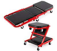 TANGZON 2-In-1 Folding Mechanics Creeper Seat, 150KG Convertible Padded Rolling Car Creeper with 6 Universal Wheels, Heavy Duty Roller Garage Seat (150kg, Black+Red, 92 x 41 x 12 cm)