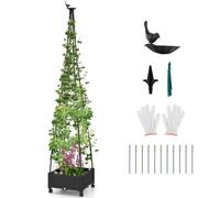 TANGZON 206 cm Rolling Planter Box with Obelisk Trellis, Self-Watering Raised Garden Bed with PE-Coated Metal Tubes, Tomato Cage Tower for Climbing Plants