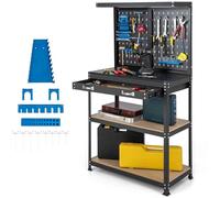 TANGZON 290 kg Workbench with Pegboard, Metal Work Bench and Tool Shelves | Heavy Duty Storage Bench, 2 Pegboards, 19 Hanging Accessories, 1 Drawer and 2-Tier Shelf for Garage Workshop