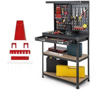 TANGZON 290 kg Workbench with Pegboard, Metal Work Bench and Tool Shelves | Heavy Duty Storage Bench, 2 Pegboards, 19 Hanging Accessories, 1 Drawer and 2-Tier Shelf for Garage Workshop