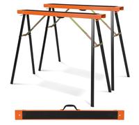 TANGZON 2PCS Folding Saw Horses, 375KG Heavy Duty Galvanized Metal Workbench Stands with Non-Slip Top, Carrying Handle & Hinge Brace, Twin Pack Portable Sawhorses (Black+Orange)