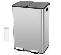 TANGZON 2x30L Recycling Pedal Bin, Double Kitchen Waste Bin with Plastic Inner Bucket, Soft Closure & Deodorant Boxes, Fingerprint Proof Airtight Stainless Steel Trash Can (Silver with Trash Bags)