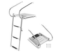 TANGZON 3/4-Step Pontoon Boat Ladder, Folding Telescoping Rear Entry Inboard Ladder, Heavy Duty Stainless Steel Swimming Dock Ladder with 225kg Weight Capacity(3-step, with Platform & Handrails)