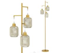 TANGZON 3-Light Floor Lamp, Industrial Metal Standing Lamp with E27 Sockets, Cage Lampshades & Foot Switch, Tall Tree Torchiere Floor Light for Living Room Bedroom Office (Paper Woven Shades, Golden)