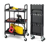 TANGZON 3-Tier Folding Tool Cart, Rolling Utility Service Cart with Lockable Universal Wheels, Handles & 12 Tool Grooves, Heavy-duty Steel Mobile Storage Trolley for Garage Warehouse Workshop Office