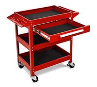 TANGZON 3-Tier Rolling Tool Cart, Utility Service Cart with Towel Rack Handle, Lockable Casters, Draw & Holes, Heavy-duty Steel Mobile Storage Trolley for Garage Warehouse Office (Red)
