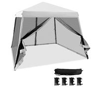 TANGZON 3 x 3M Pop Up Gazebo, Height Adjustable Instant Camping Party Tent Canopy with Slanted Legs & Carrying Bag, Outdoor Foldable Sun Shade Event Shelter (White, with Mesh Sidewalls & Sand Bags)