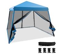 TANGZON 3 x 3M Pop Up Gazebo, Height Adjustable Instant Camping Party Tent Canopy with Slanted Legs & Carrying Bag, Outdoor Foldable Sun Shade Event Shelter (Blue, with Mesh Sidewalls & Sand Bags)