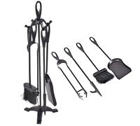 TANGZON 5 Piece Fireplace Companion Set, Wrought Iron Fire Tools with Tong, Shovel, Brush & Poker, Indoor Outdoor Fireside Accessories Kit (Black, 4 Hooks, 3-Point Base)
