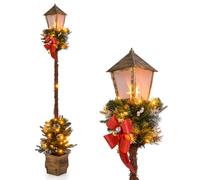 TANGZON 6.1 ft Pre-Lit Christmas Lamp Post, Light Up Lantern Decoration | Warm White LEDs, Snow-Flocked Greenery, Red Bow, White Berries and Pine Cones, Optional Middle Pole, Antique-Style Pot Base