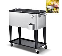 TANGZON 75/76L Rolling Cooler Cart, Stainless Steel Ice Chest with Lockable Wheels, Handles, Bottle Opener & Bottle Cap Catcher, 48/72H Insulation Beverage Cooler Trolley (Black+Sliver,91x50x88cm)