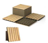 TANGZON Acacia Wood Deck Tiles, 30 x 30 cm Interlocking Patio Flooring with Click System & Drainage Base, Wooden Floor Tiles for Balcony Garden Deck Indoor(10PCS,Linear Slat - Natural Wood)