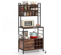 TANGZON Baker’s Rack with Power Outlet, Metal Frame Microwave Stand with Wine Rack, Cabinet & 4 Hooks, Utility Kitchen Shelves Organiser Coffee Bar Stand for Spices Pots Pans (Rustic Brown)