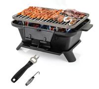 TANGZON Cast Iron BBQ Grill, Portable Pre-Seasoned Charcoal Grill Stove with Grate Lifter, Double Sided Grilling Net, Air Control & Coal Door, Hibachi-Charcoal Grills for Camping Picnic Party