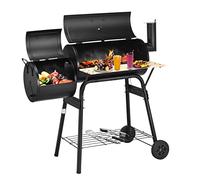 TANGZON Charcoal Barbecue Grill, Barrel Drum BBQ Trolley with Temperature Gauge, Adjustable Vent, Grid Shelf & Wheels, Powder Coated Steel Outdoor Portable Smoker (with 2 Cooking Areas)