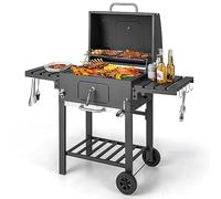 TANGZON Charcoal Grill, Portable BBQ Grill with Wheels, 2 Foldable Side Tables, Hooks, Thermometer & Adjustable Chimney, Outdoor Large Food Cooking Grilling Smoker for Garden Picnic Party Camping