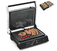 TANGZON Electric Fold-out Non-Stick Grill, LED Touch Gourmet Sandwich Maker Panini Press with 2 Detachable Plates & Adjustable Temperature, BBQ Griils Countertop Breakfast Hotplate (Glass Top)