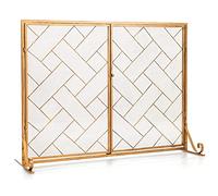 TANGZON Fire Guard with Double Doors, Wrought Iron Mesh Fireplace Screen with Stand, Indoor Outdoor Spark Flame Protection Barrier for Open Fire, Pet, Child & Baby, 113x40x85cm (Gold + Black)