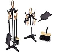 TANGZON Fireplace Companion Set, Fireside Tools with Tong, Shovel, Brush & Poker, Indoor Outdoor Log Burners Fireplace Accessories Kit（5 Pieces, 3-Point Base,Brass+Black)