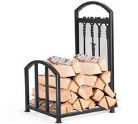 TANGZON Fireplace Log Holder with 4 Tools, Heavy Duty Metal Firewood Rack, Indoor Outdoor Log Storage Stacking Stand for Fireside Garden Patio
