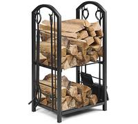 TANGZON Fireplace Log Rack with 4 Fireplace Tools, 43x30x74cm Wrought Iron 2-Tier Firewood Holder, Indoor Outdoor Heavy Duty Fire Log Holder Wood Stacking Storage Stand for Firepit Patio (Black)