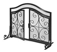 TANGZON Fireplace Screen, Spark Protection Fire Guard with Double Doors, Handles & Extended Support Legs, Indoor Outdoor Mesh Spark Flame Barrier Fire Panel（with 2 Hinged Doors,112 x 38 x 85cm）