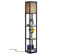 TANGZON Floor Lamp with Shelves, 2/3 Layers Wooden Shelf Tall Standing Light with E27 Holders & Fabric Shade, Corner Standard Lamp for Living Room Bedroom (3 Shelves, 1 Holder, with Grid Patterns)