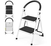 TANGZON Folding 2/3/4 Step Ladder, 150KG Steel Step Stool with Widen Anti-Slip Pedals, Reinforced Crossbar, Safety Handrail & Lock, Portable Tread Stepladder for Household Garage Shop (2 Step)