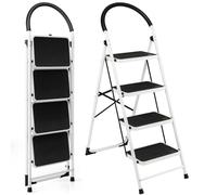 TANGZON Folding 2/3/4 Step Ladder, Steel Step Stool with Widen Anti-Slip Pedals, Reinforced Crossbar, Safety Handrail & Lock, 150kg Capacity Portable Tread Stepladder for Household Garage Shop(4 Step)