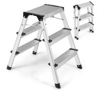 TANGZON Folding 3 Step Ladder, Aluminum Step Stool with Widen Anti-Slip Pedals, 150KG Portable Tread Stepladder for Household Office Garage Shop (62 x 44 x 60 cm, Dual-Sided 3 Step)