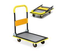 TANGZON Folding Push Cart Dolly, Rolling Flatbed Luggage Cart with 360° Swivel Wheels, Garage Warehouse Moving Platform Hand Push Truck(Yellow, 73 x 49 x 83cm, 150KG Capacity)
