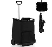 TANGZON Folding Shopping Trolley, 50L Large Lightweight Shopping Cart with 3 Pockets, Adjustable Handle & Wheels, Aluminium Frame Push/Pull Utility Carts for Supermarket Grocery (Black)