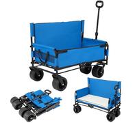 TANGZON Folding Wagon Trolley, 80 KG Heavy Duty Wagon Bench Love Seat with Adjustable Push/Pull Handle, Cushions & All-Terrain Wheels, Utility Festival Trolley Cart on Wheels for Camping (Blue)