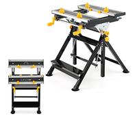 TANGZON Folding Workbench, 7-Level Height Adjustable Flip Top Work Table with 8 Sliding Clamps, 2 Rotary Clamping Handles & Foot Pedal, Work Bench Tool Stand Saw Horse (Yellow, 75 x 60 x 103cm)