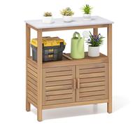 TANGZON Garden Potting Table, Solid Acacia Wood Planting Workstation with Resin Tabletop, Shelf & 2-Door Cabinet, Potting Work Bench for Garden, Balcony, Backyard, Natural