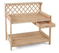 TANGZON Garden Potting Table, Solid Fir Wood Planting Workstation with Versatile trellis, Drawer, Raised Edge, Top & Lower Shelf, Wooden Flower Potting Bench for Backyard Balcony Lawn