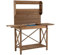 TANGZON Garden Potting Table, Wooden Germination Bench with Sliding Tabletop, Removable Sink, Bottom & Top Shelf, Outdoor Planting Workstation for Patio Courtyard (Brown, 100-155 x 44 x 160 cm)