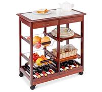 TANGZON Kitchen Trolley on Wheels, Rolling Kitchen Island with Tile Worktop, Wine Racks, Mesh Baskets, Drawers & Slatted Shelves, Wood Utility Serving Cart for Home Bar Dining Living Room (Burgundy)