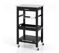 TANGZON Kitchen Trolley, Rolling Kitchen Island on Wheels with Removable Tray, Mesh Basket, Stainless Steel Worktop, Drawer & Slatted Shelf, Utility Serving Cart for Dining Living Room (Black)