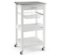 TANGZON Kitchen Trolley, Rolling Kitchen Island on Wheels with Removable Tray, Mesh Basket, Stainless Steel Worktop, Drawer & Slatted Shelf, Utility Serving Cart for Dining Living Room (White)