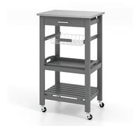 TANGZON Kitchen Trolley, Rolling Kitchen Island on Wheels with Removable Tray, Mesh Basket, Stainless Steel Worktop, Drawer & Slatted Shelf, Utility Serving Cart for Dining Living Room (Grey)