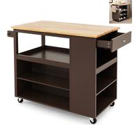 TANGZON Large Kitchen Island on Wheels, Rolling Storage Trolley with Open Compartments, Spice Racks, Drawer, Adjustable Shelves, Rubberwood Worktop & Towel Rack, Utility Serving Cart Sideboard (Brown)