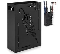 TANGZON Metal Umbrella Stand, Rectangular Umbrella Holder with Removable Drip Tray, 4 Hooks, Hollow-Out Walking Stick Stand Storage Bin for Hallway Porch Office Entryway