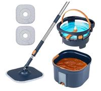 TANGZON Mop and Bucket Set, 360°Flat Floor Mop Bucket with Wringer, Translucent Window, 2/8 Washable Microfiber Pads, Wet & Dry Use Separation Dirty and Clean Water System (Navy, 2 Pads)