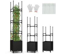 TANGZON Raised Garden Bed Planter Box with Trellis, Self-Watering Tomato Planter Box with 3 Heights & PE-Coated Metal Tubes, Indoor Outdoor Rolling Planter Tower with Wheels for Climbing Plants