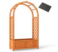 TANGZON Raised Garden Bed with Arch Trellis, Solid Wood Free Standing Elevated Planter Box with Drainage Holes & Protective Liner, Flower Pot Planing Container for Climbing Vines