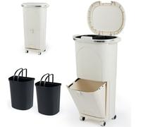 TANGZON Recycling Bins, 38L/43L Trash Can Garbage Bin with 3 Compartments, Wheels, Retractable Pedal, Handles & Stickers, 2 Tier Vertical Waste Separation System for Home Kitchen (Beige, 38L, 1 Lid)